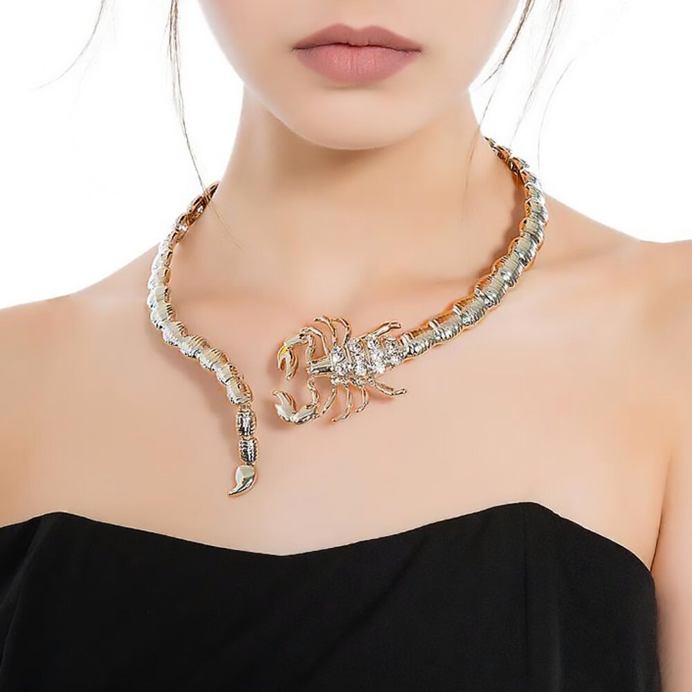 Rhinestone Crystal Scorpion Gold Color Fashion Collar Hinged Statement Necklace